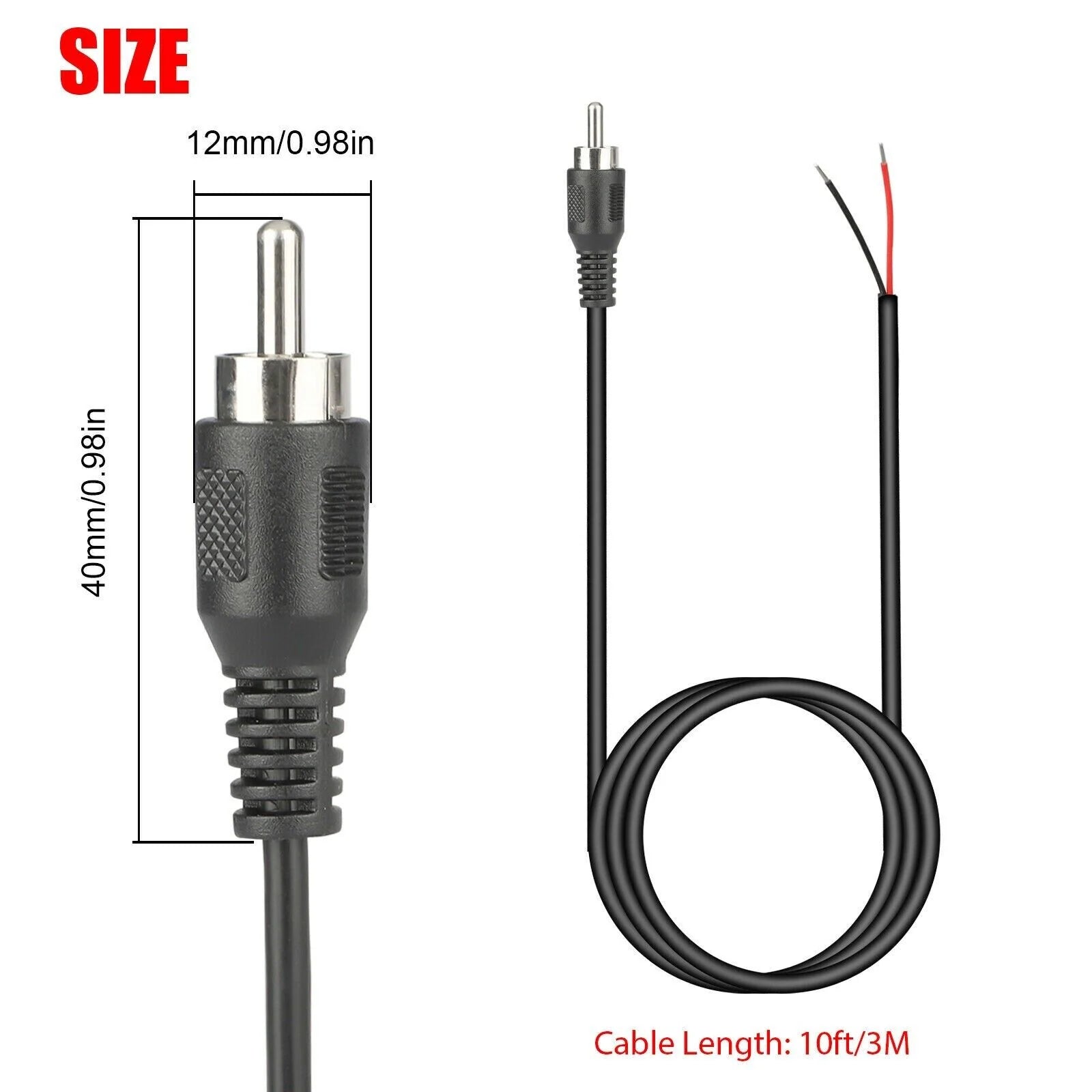 2-Pack 10 FT RCA Male Plug to Bare Wire Audio Speaker Subwoofer HDTV Cable Cord