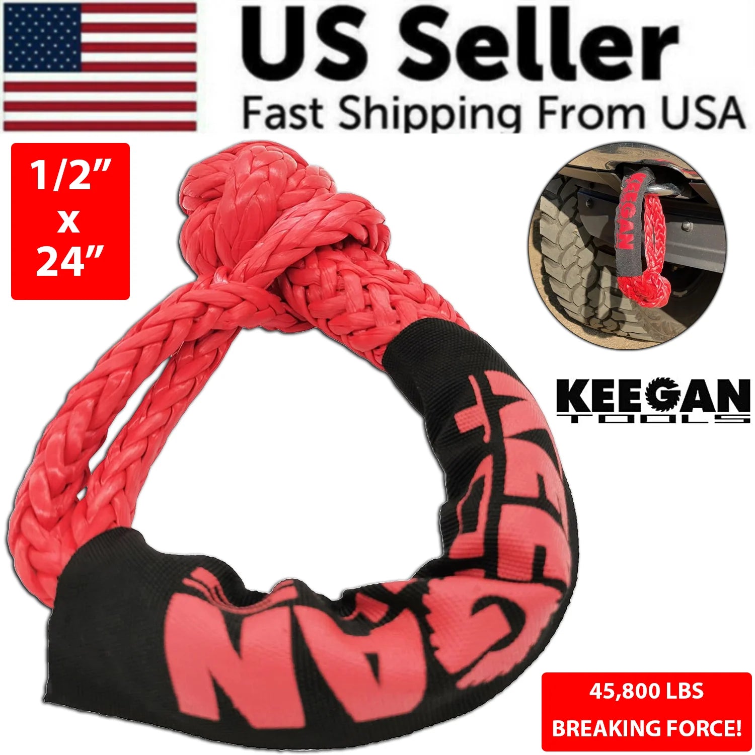 1/2" X 24" 65,000LBS Soft Shackle Recovery Rope for SUV Winch Snatch off Road US