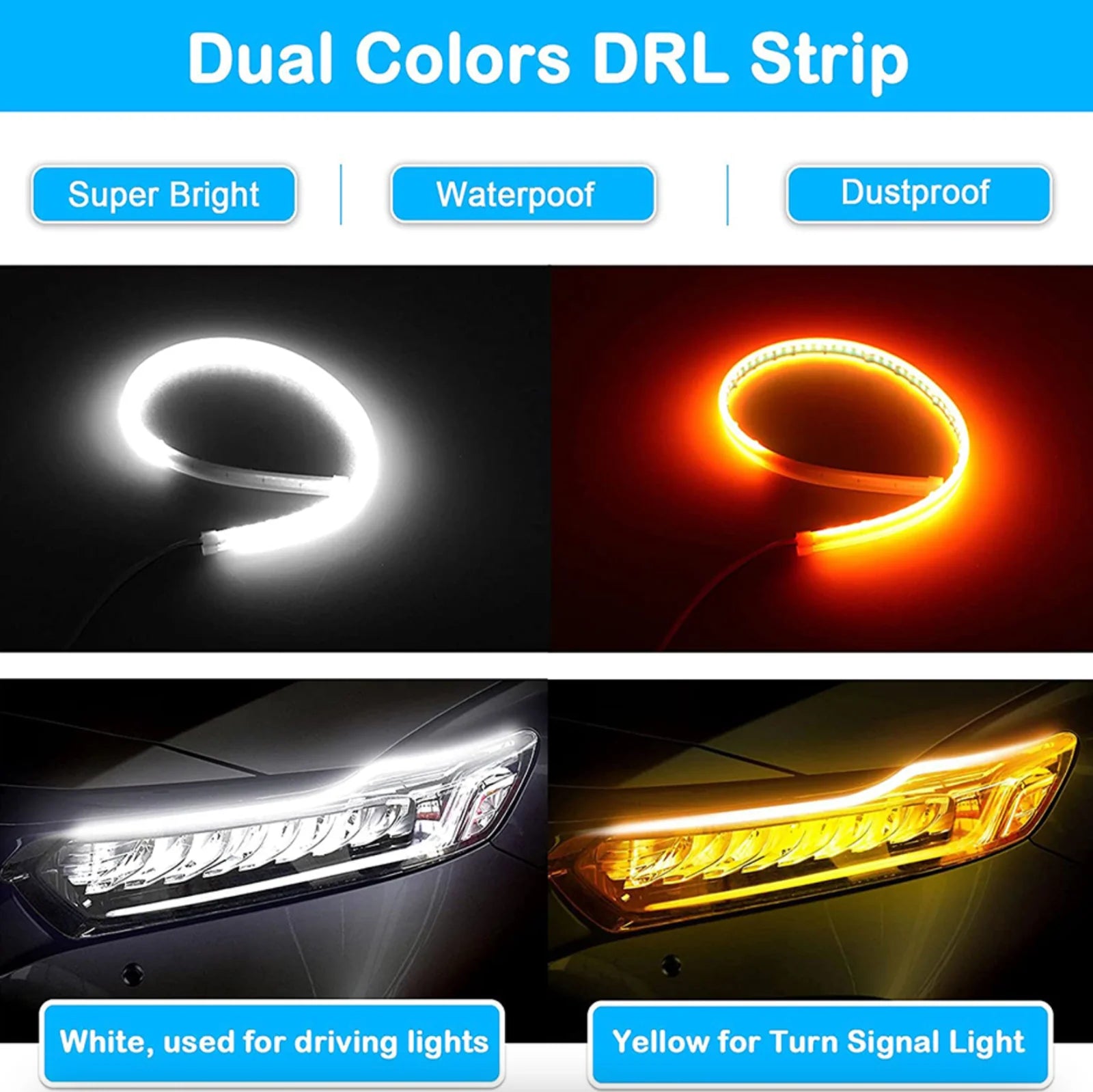 2 X 60CM Slim Amber Sequential Flexible LED DRL Turn Signal Strip for Headlight