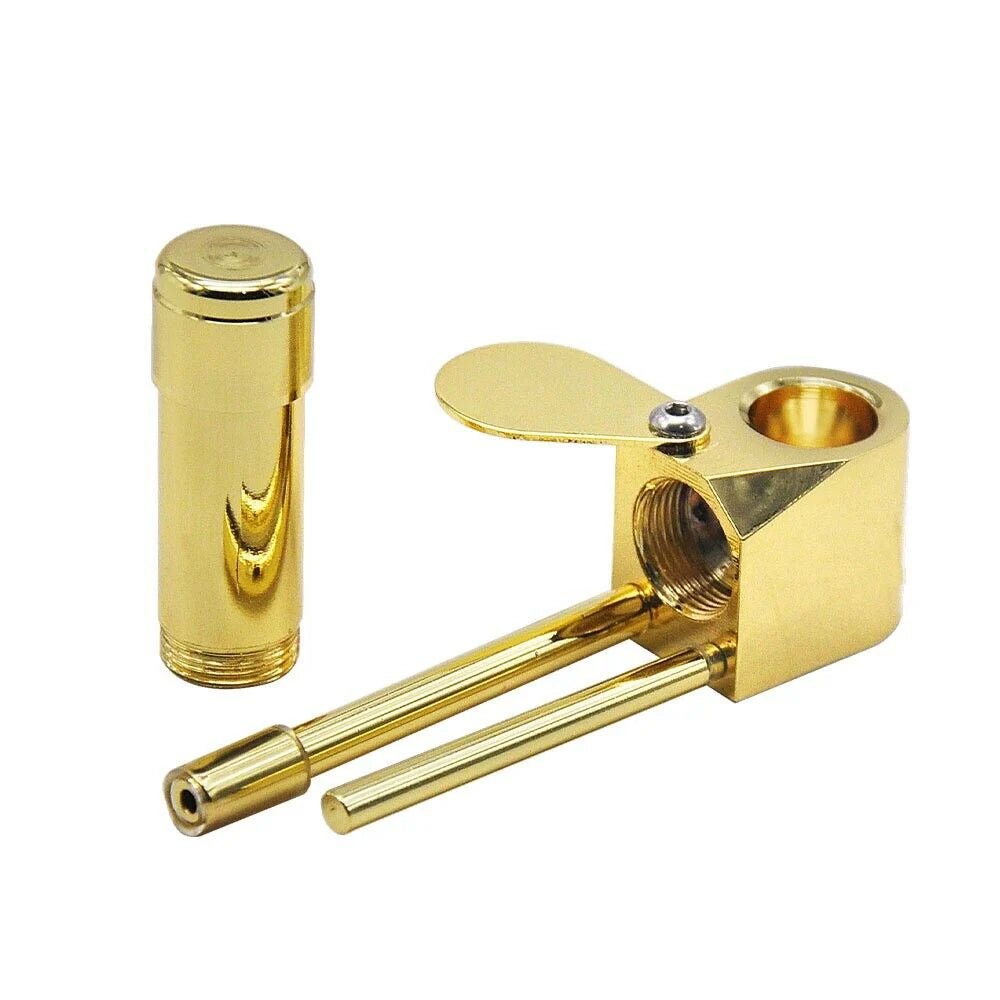 Brass Tobacco Smoking Pipe W/ Stash Storage Cylinder Chamber Metal W/ Lid Bowl
