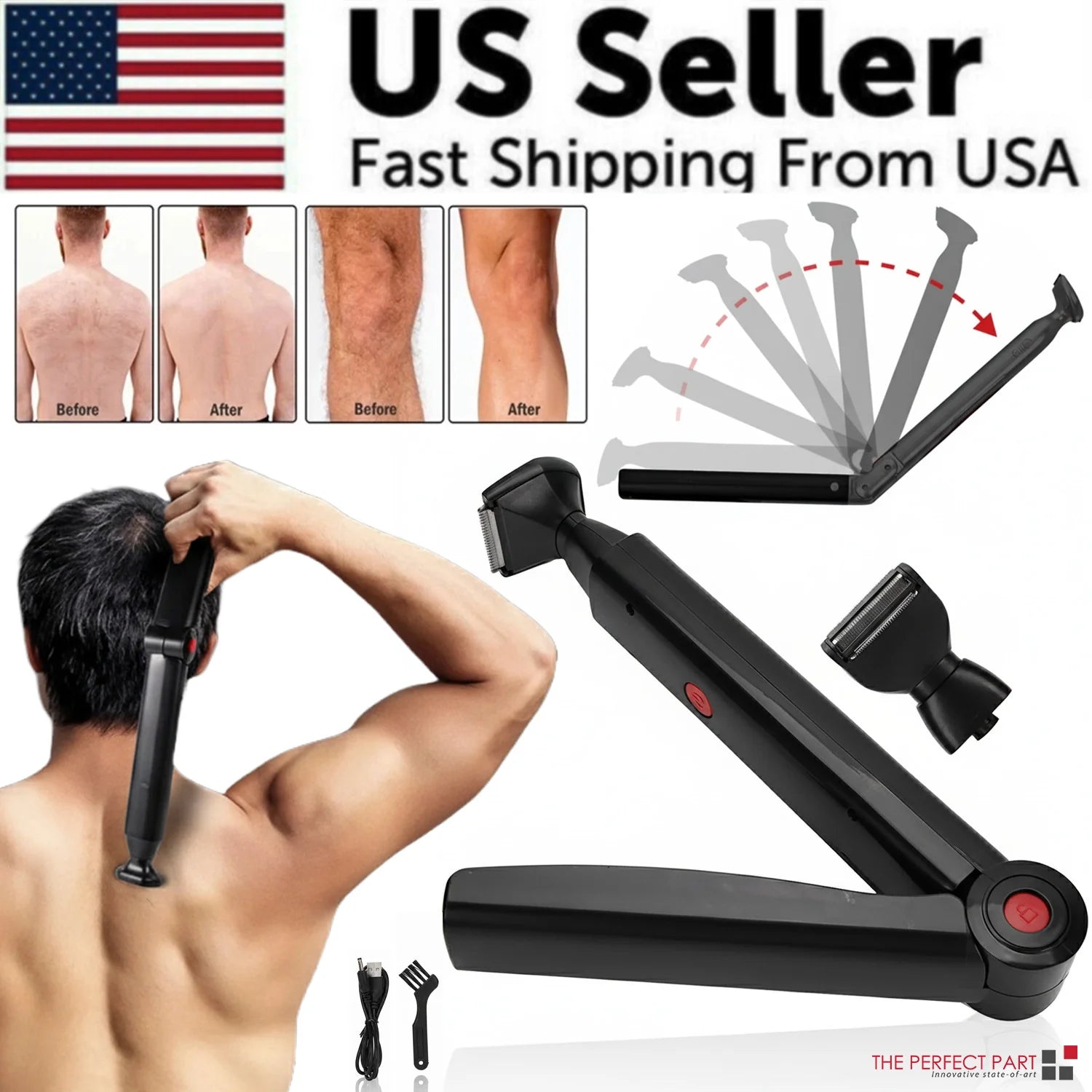 Long Handle Electric Back Shaver for Men Body Hair Removal Razor USB Recharge US