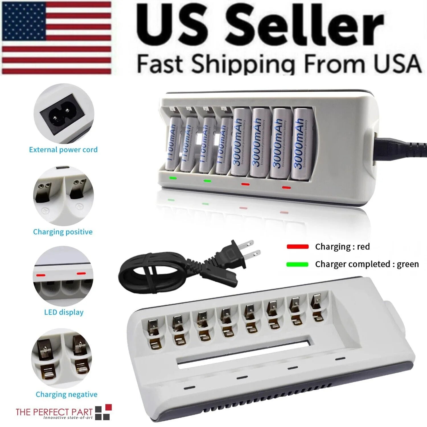 8 Slot Battery Charger for Ni-Mh Ni-Cd AA AAA Rechargeable Batteries Fast Charge