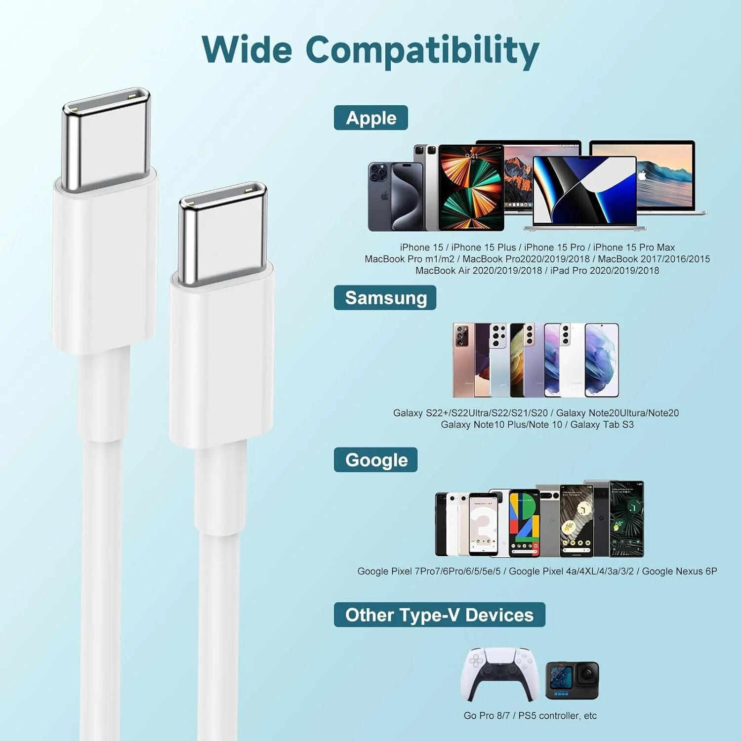 3 Pack 6FT USB-C to USB-C Cable Fast Charge Type C Charging Cord Rapid Charger