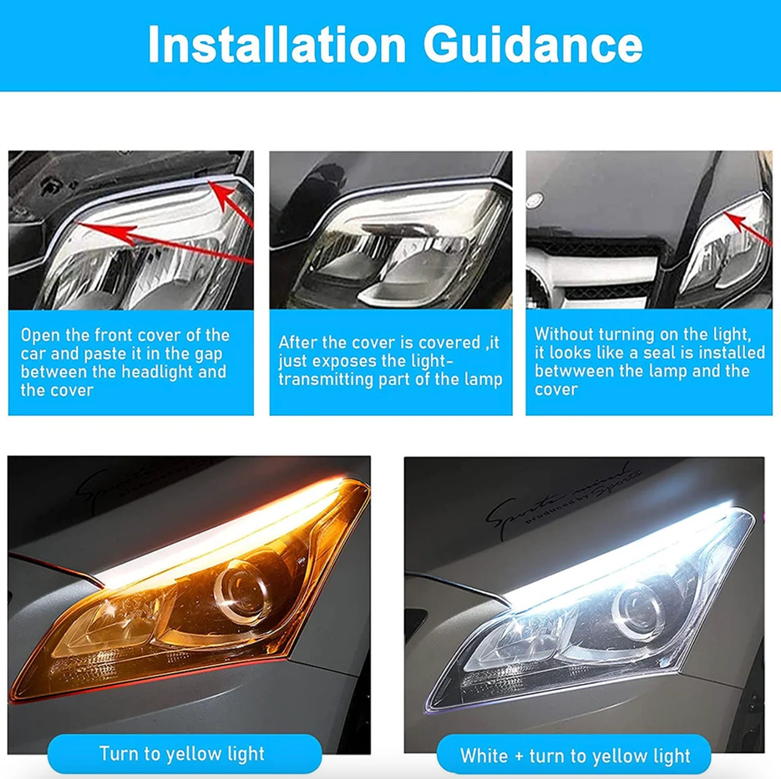 2 X 60CM Slim Amber Sequential Flexible LED DRL Turn Signal Strip for Headlight