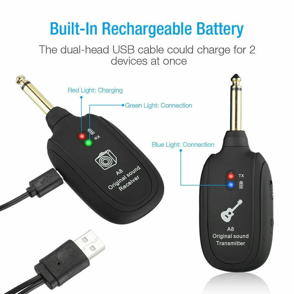 UHF Guitar Wireless System Transmitter+Receiver Built in Rechargeable Battery