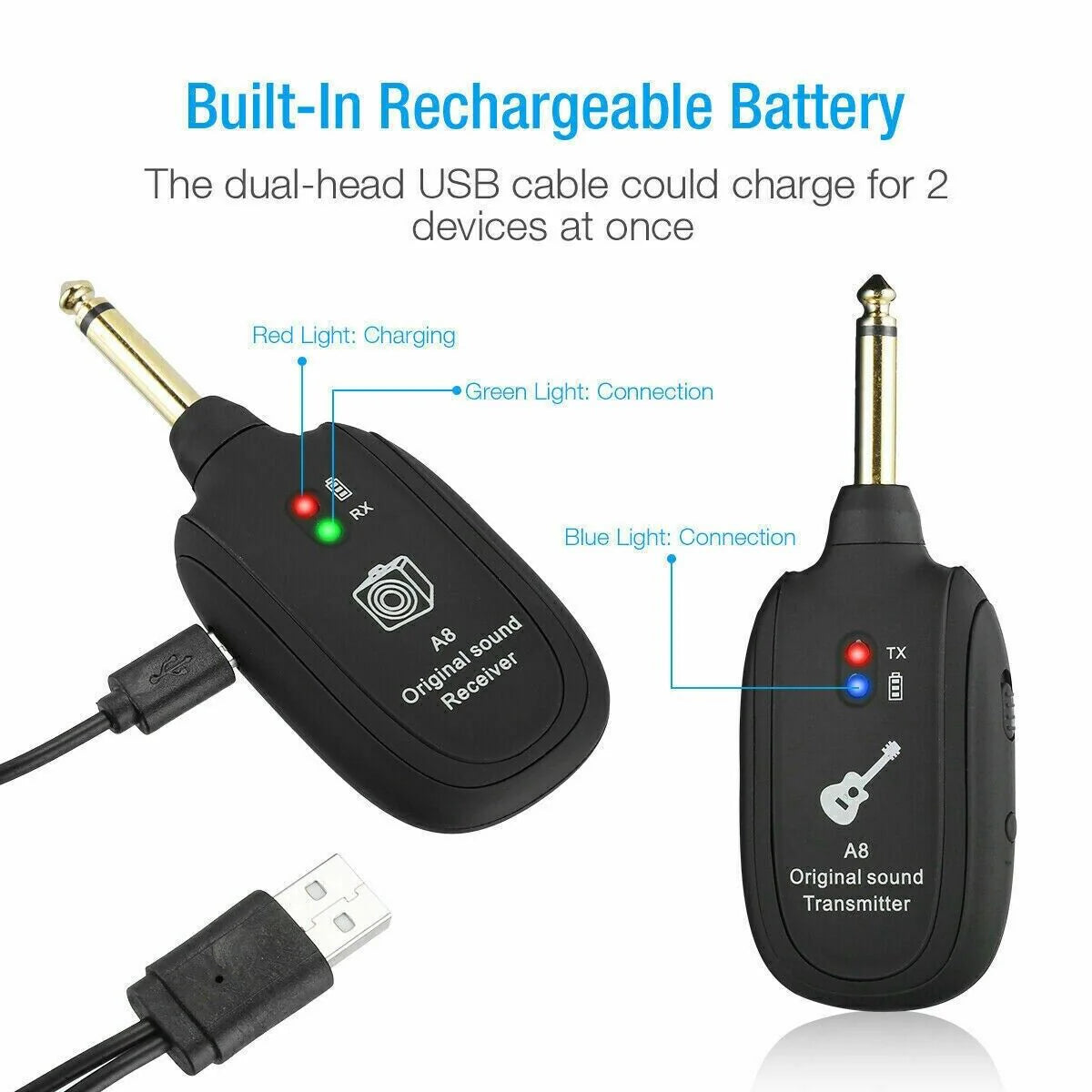 UHF Guitar Wireless System Transmitter+Receiver Built in Rechargeable Battery