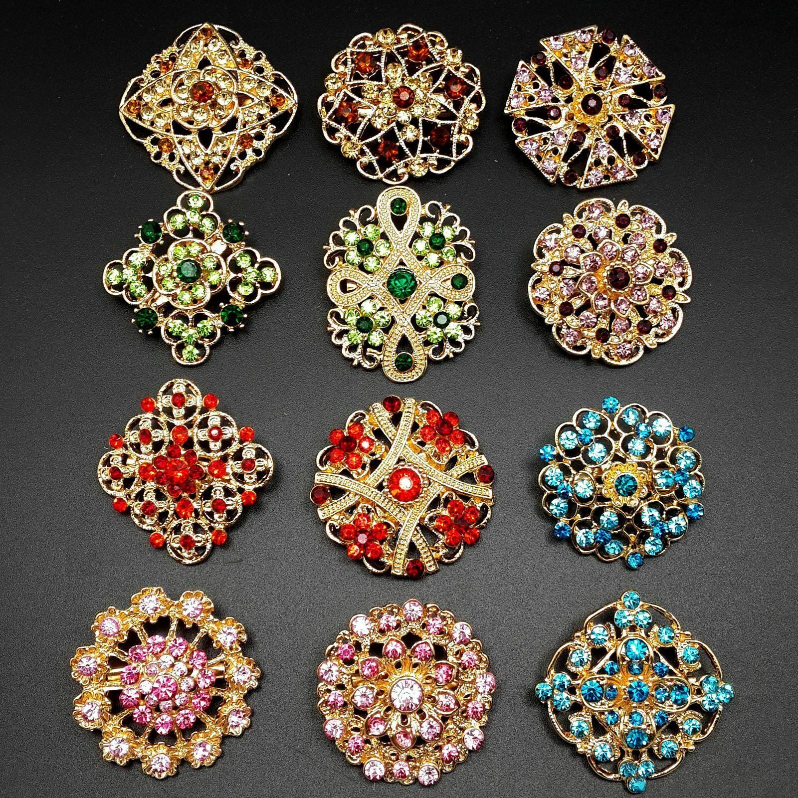 24Pc Vintage Brooch Lot Mixed Alloy Rhinestone Crystal Pins Wedding Bouquet DIY