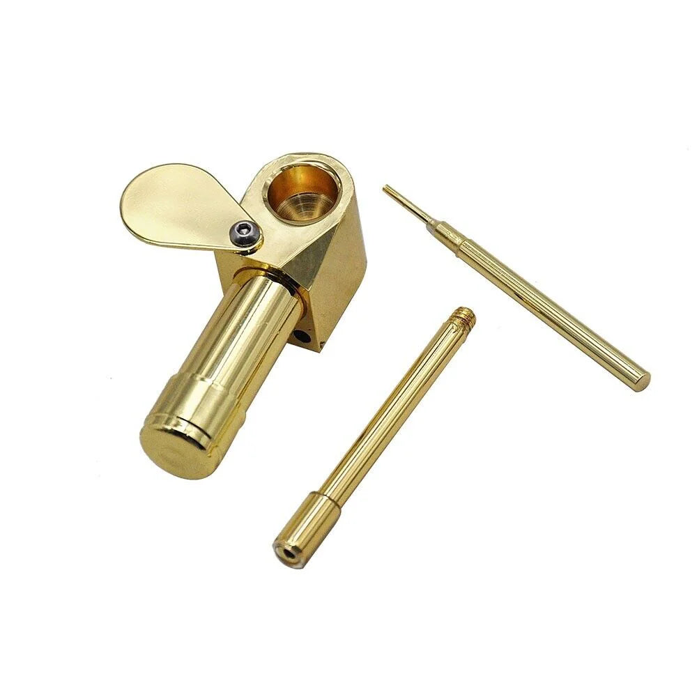 Brass Tobacco Smoking Pipe W/ Stash Storage Cylinder Chamber Metal W/ Lid Bowl