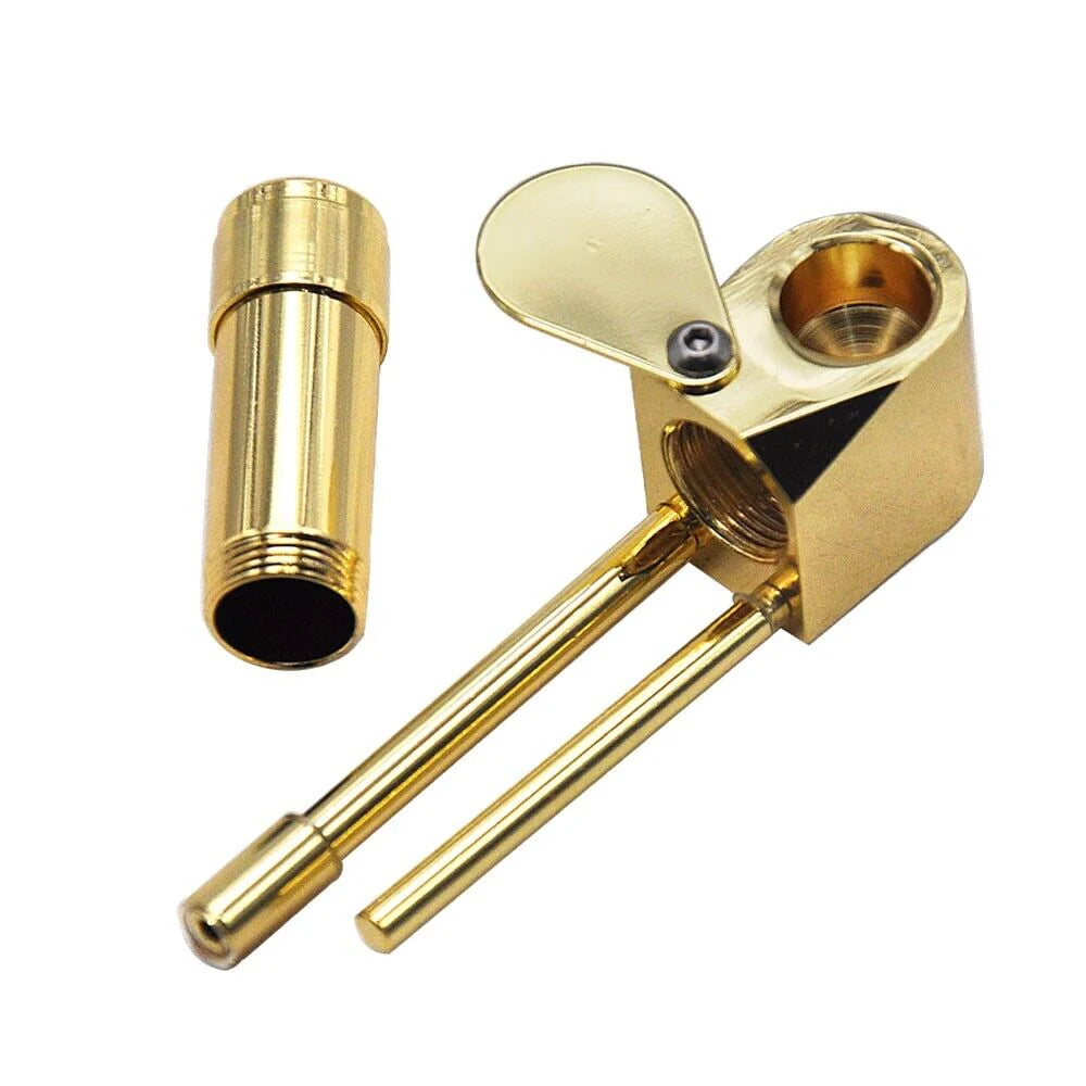 Brass Tobacco Smoking Pipe W/ Stash Storage Cylinder Chamber Metal W/ Lid Bowl