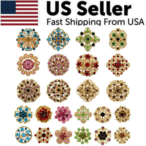 24Pc Vintage Brooch Lot Mixed Alloy Rhinestone Crystal Pins Wedding Bouquet DIY