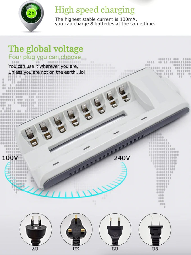 8 Slot Battery Charger for Ni-Mh Ni-Cd AA AAA Rechargeable Batteries Fast Charge