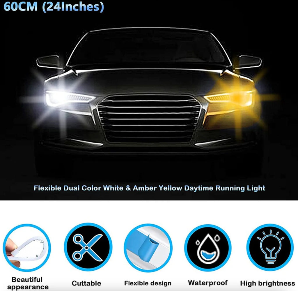 2 X 60CM Slim Amber Sequential Flexible LED DRL Turn Signal Strip for Headlight