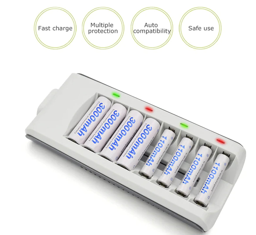 8 Slot Battery Charger for Ni-Mh Ni-Cd AA AAA Rechargeable Batteries Fast Charge