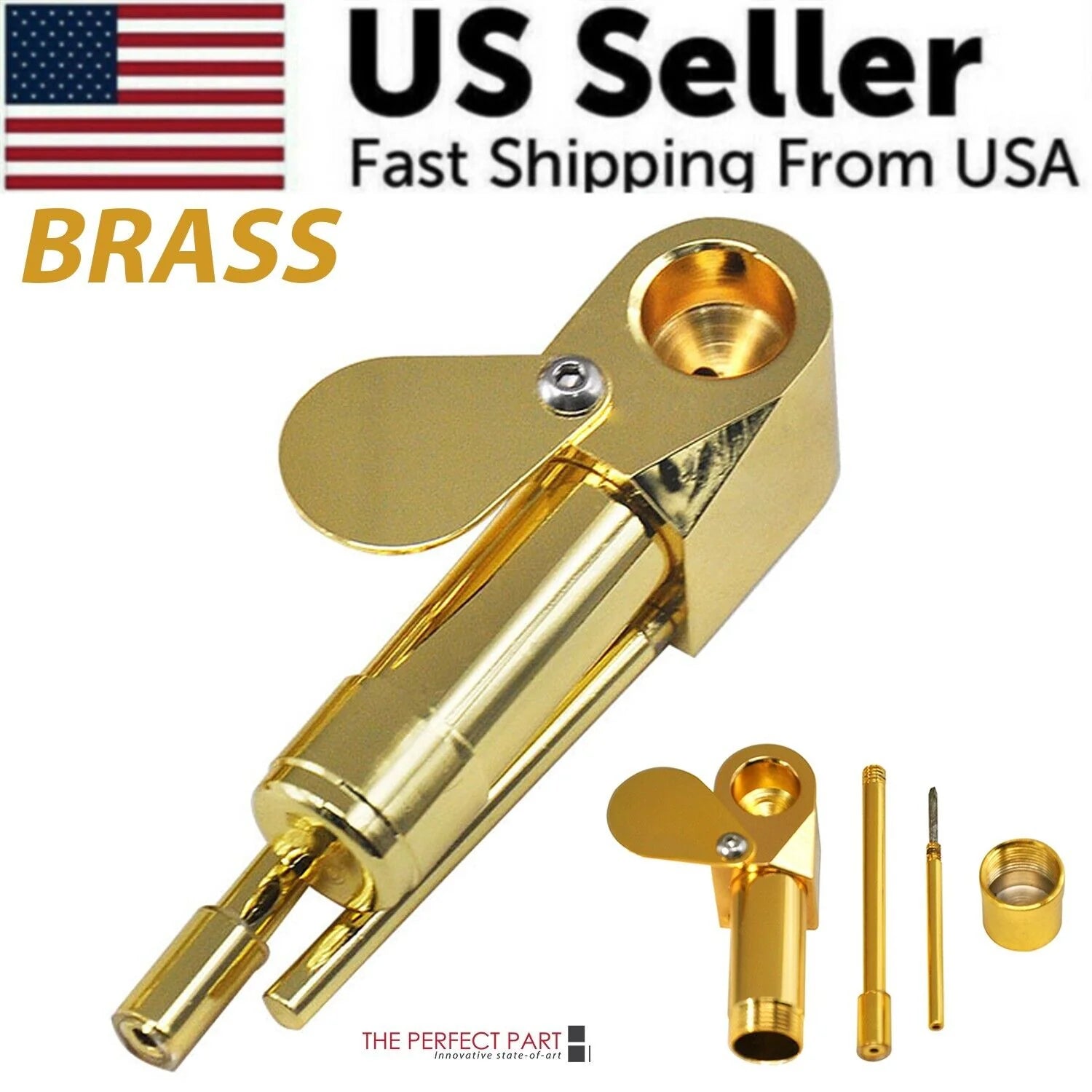 Brass Tobacco Smoking Pipe W/ Stash Storage Cylinder Chamber Metal W/ Lid Bowl